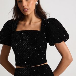 Velvet Embellished Puff Sleeve Top