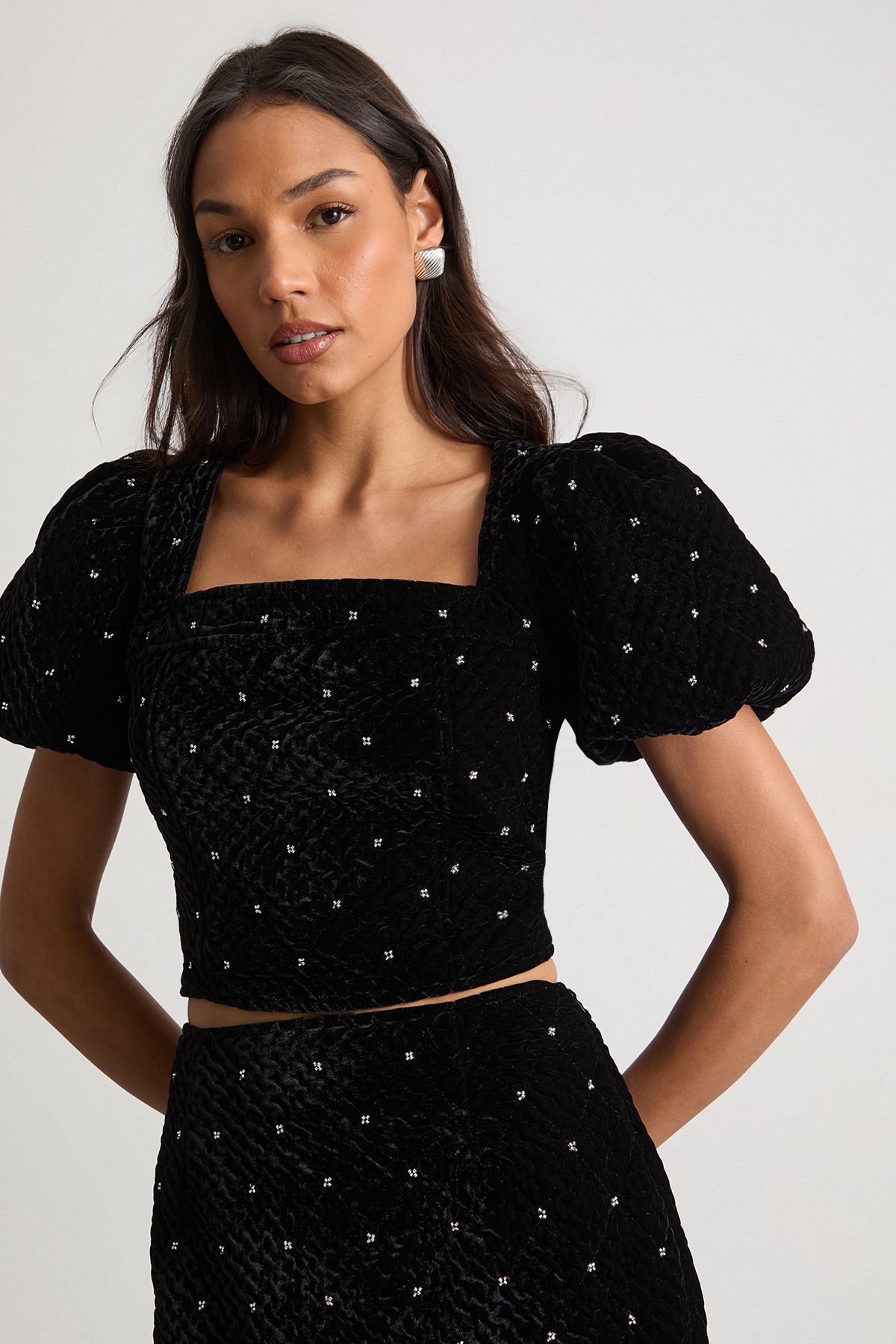 Velvet Embellished Puff Sleeve Top
