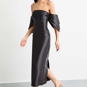 Structured Puff Sleeve Bardot Midi Dress