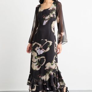 Printed Scoop Neck Ruffle Hem Midi Dress