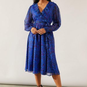 Petite Blue Leopard Ruffle Wrap Midi Dress