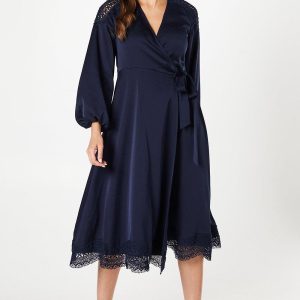 Lace Insert Wrap Midi Dress