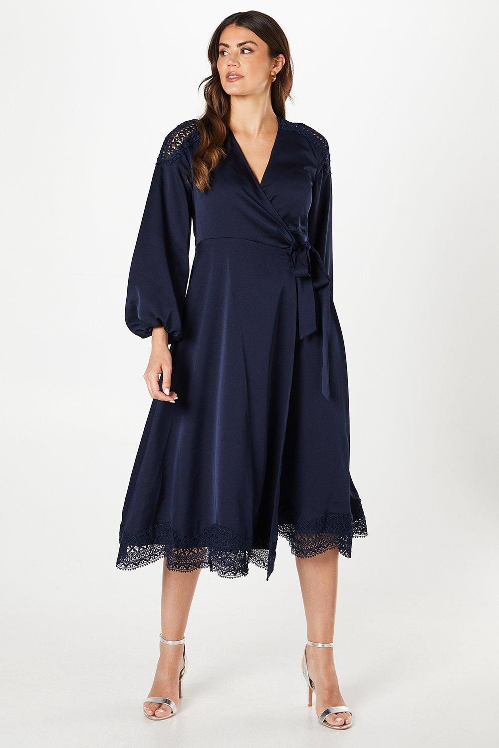 Lace Insert Wrap Midi Dress