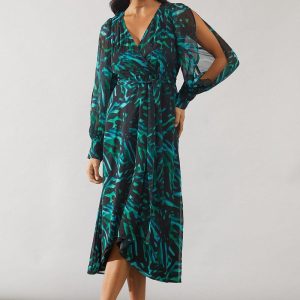 Green Abstract High Low Hem Split Sleeve Wrap Dress