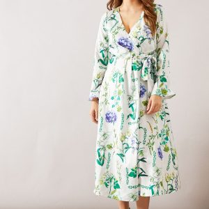 Floral Satin Jacquard Wrap Midi Dress