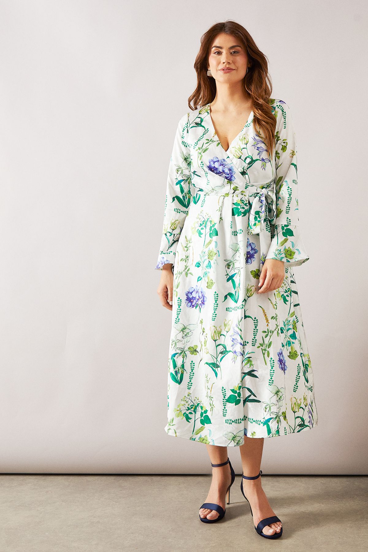 Floral Satin Jacquard Wrap Midi Dress