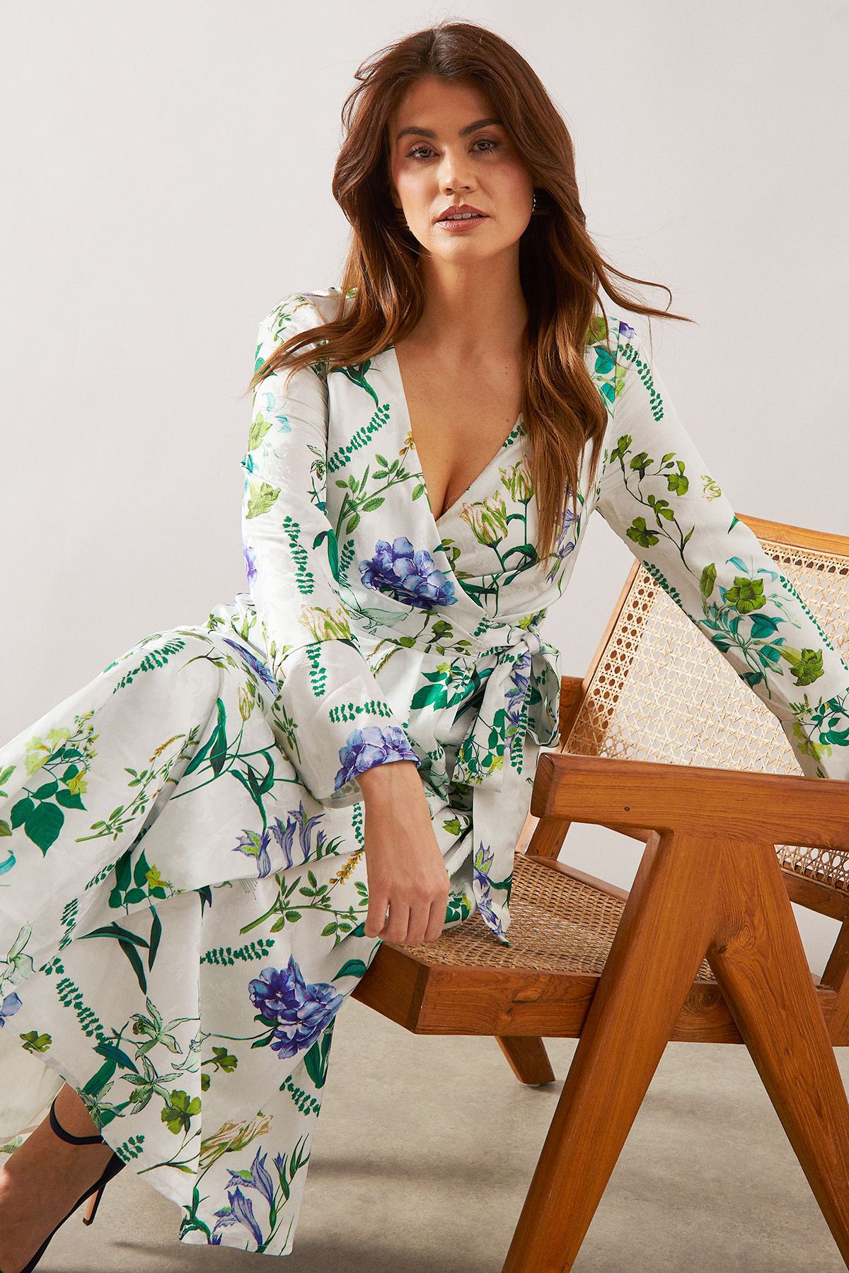 Floral Satin Jacquard Wrap Midi Dress - Image 2