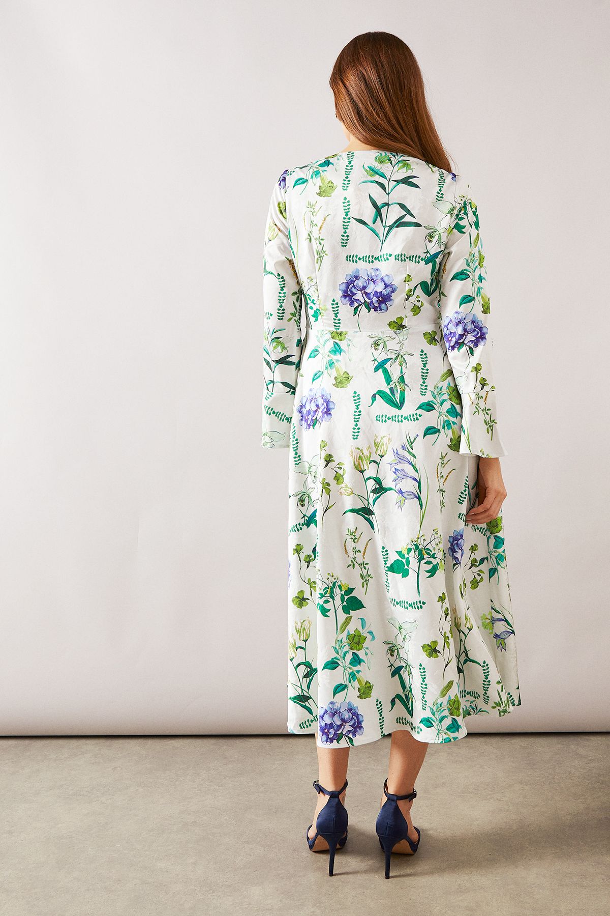 Floral Satin Jacquard Wrap Midi Dress - Image 3