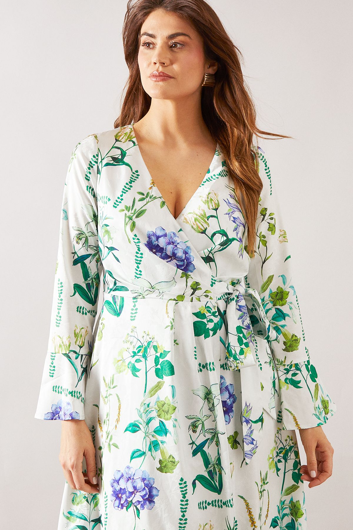 Floral Satin Jacquard Wrap Midi Dress - Image 4