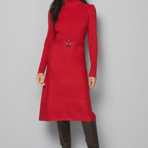 Rib Detail High Neck Belted Knitted Dress