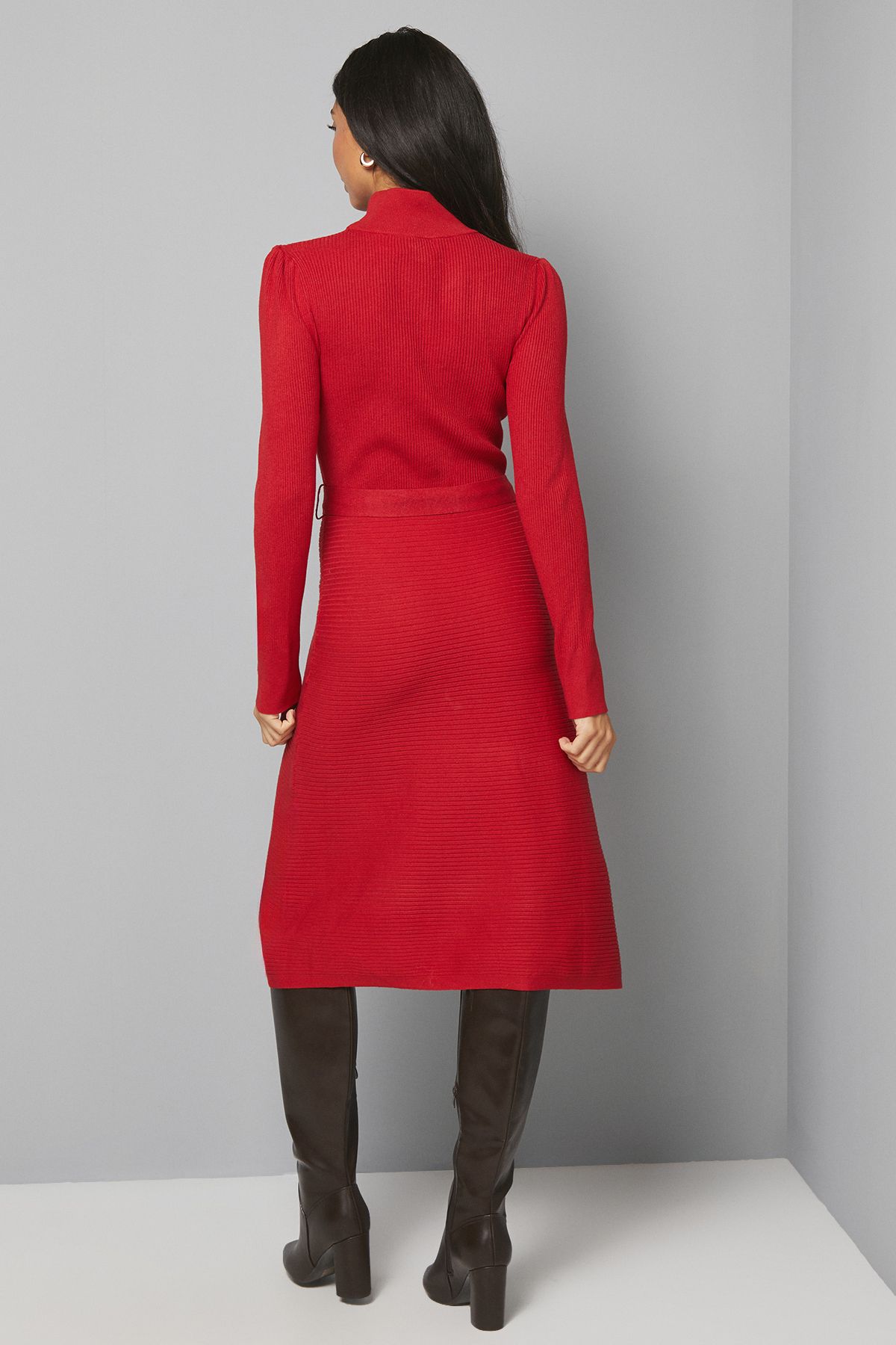 Rib Detail High Neck Belted Knitted Dress - Image 3