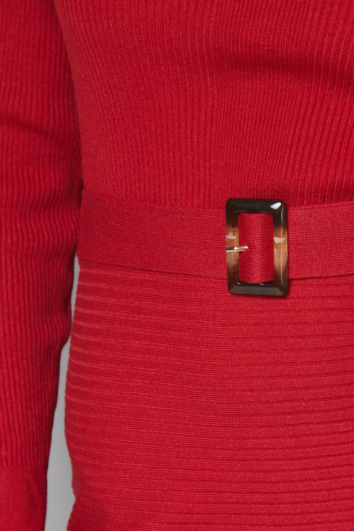 Rib Detail High Neck Belted Knitted Dress - Image 5