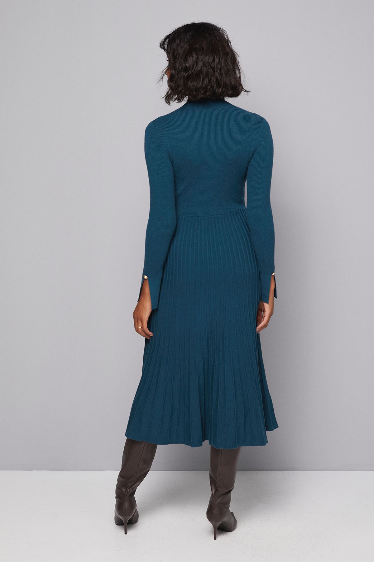 Button Cuff Detail High Neck Pleated Knitted Midaxi Dress - Image 4