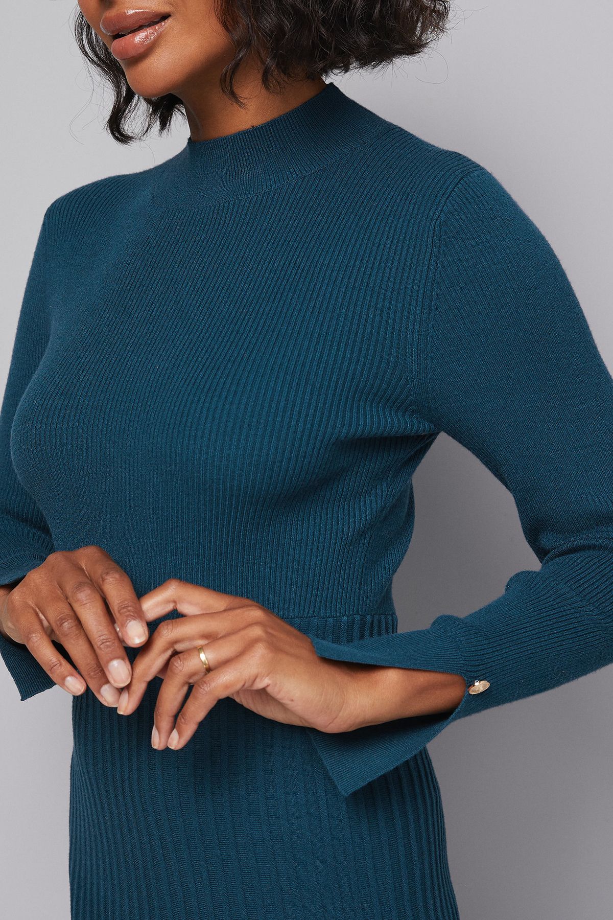 Button Cuff Detail High Neck Pleated Knitted Midaxi Dress - Image 5
