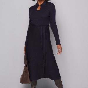 Keyhole Collared Belted Knitted Midi Dress