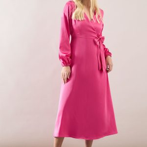 Petite Satin Wrap Midi Dress