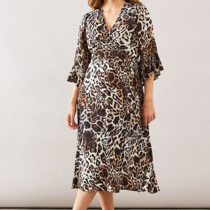 Leopard Wrap Ruffle Midi Dress