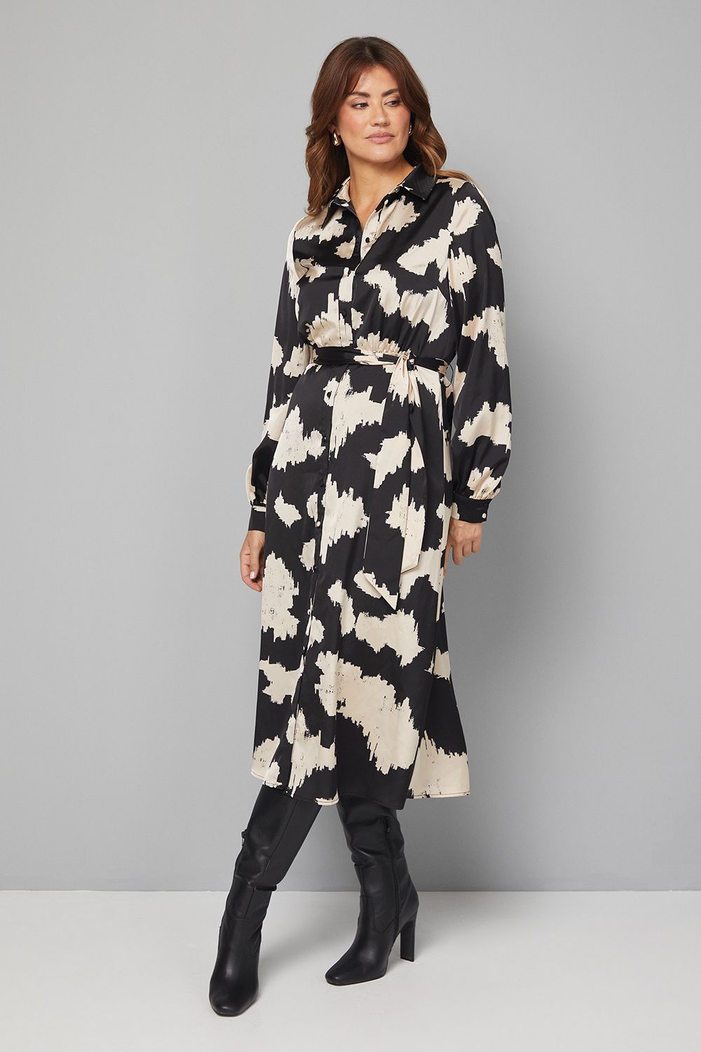 Abstract Satin Shirt Dress