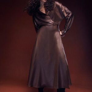 Textured Satin Wrap Midi Dress