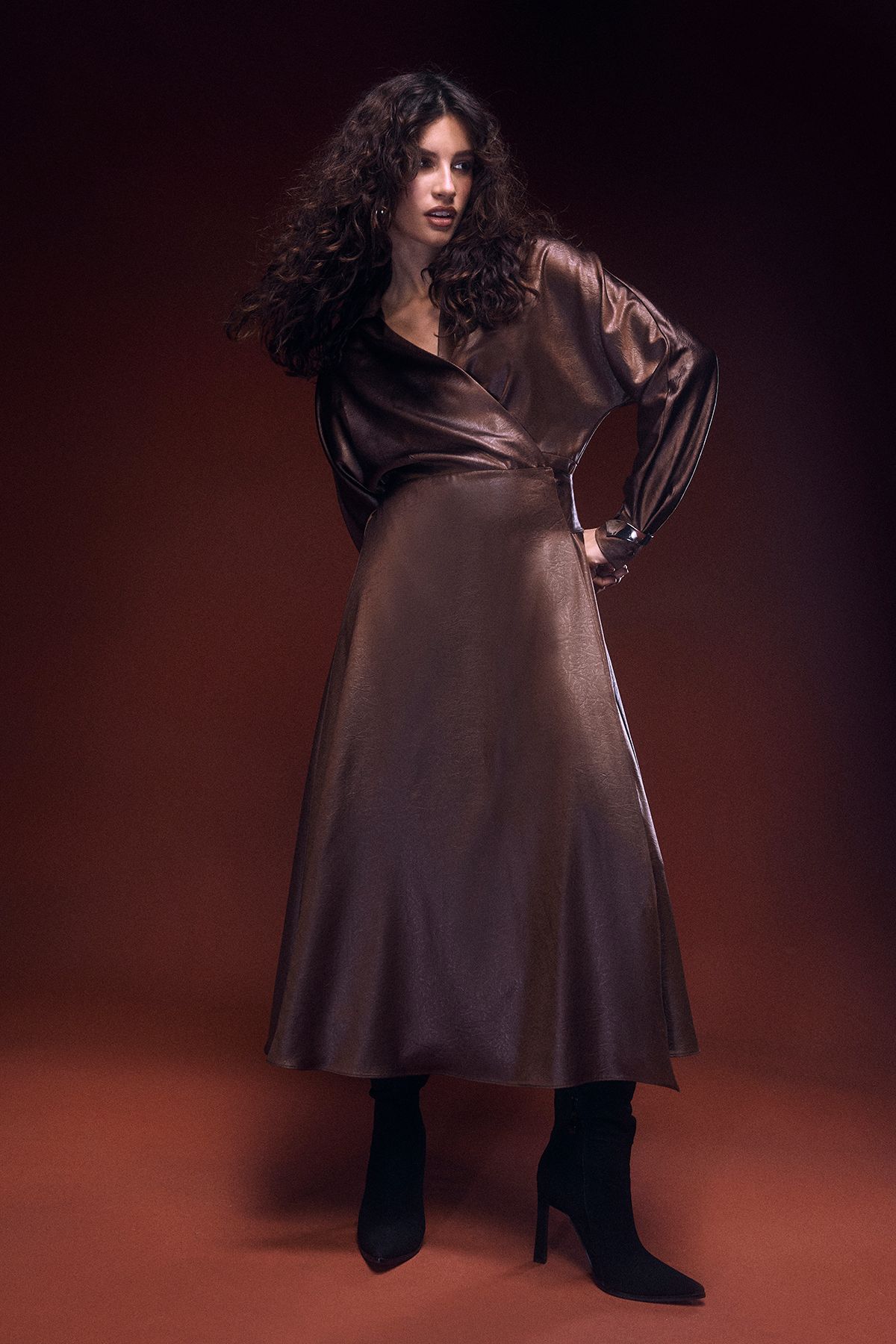 Textured Satin Wrap Midi Dress
