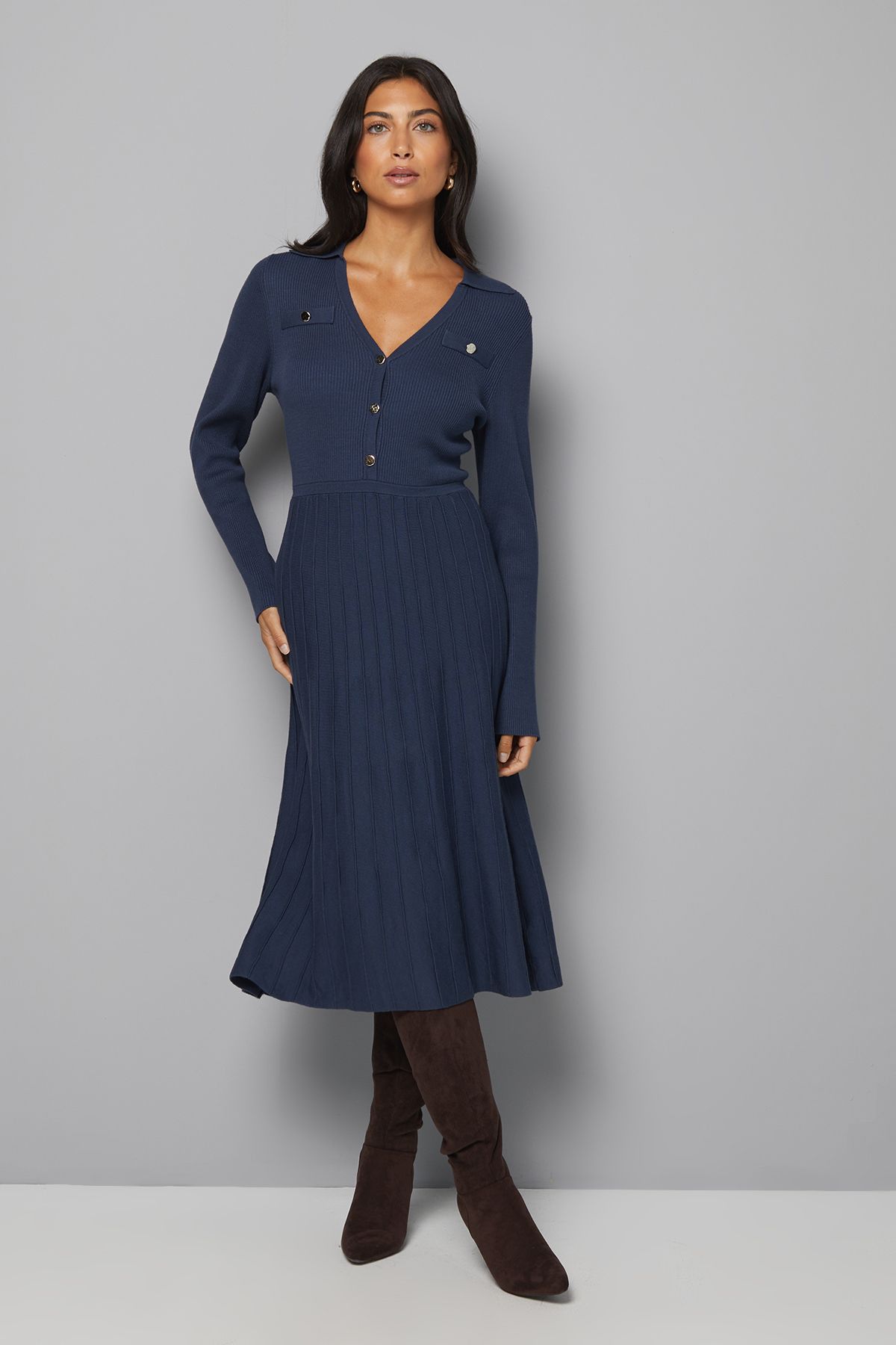 Statement Button Pleated Knitted Dress