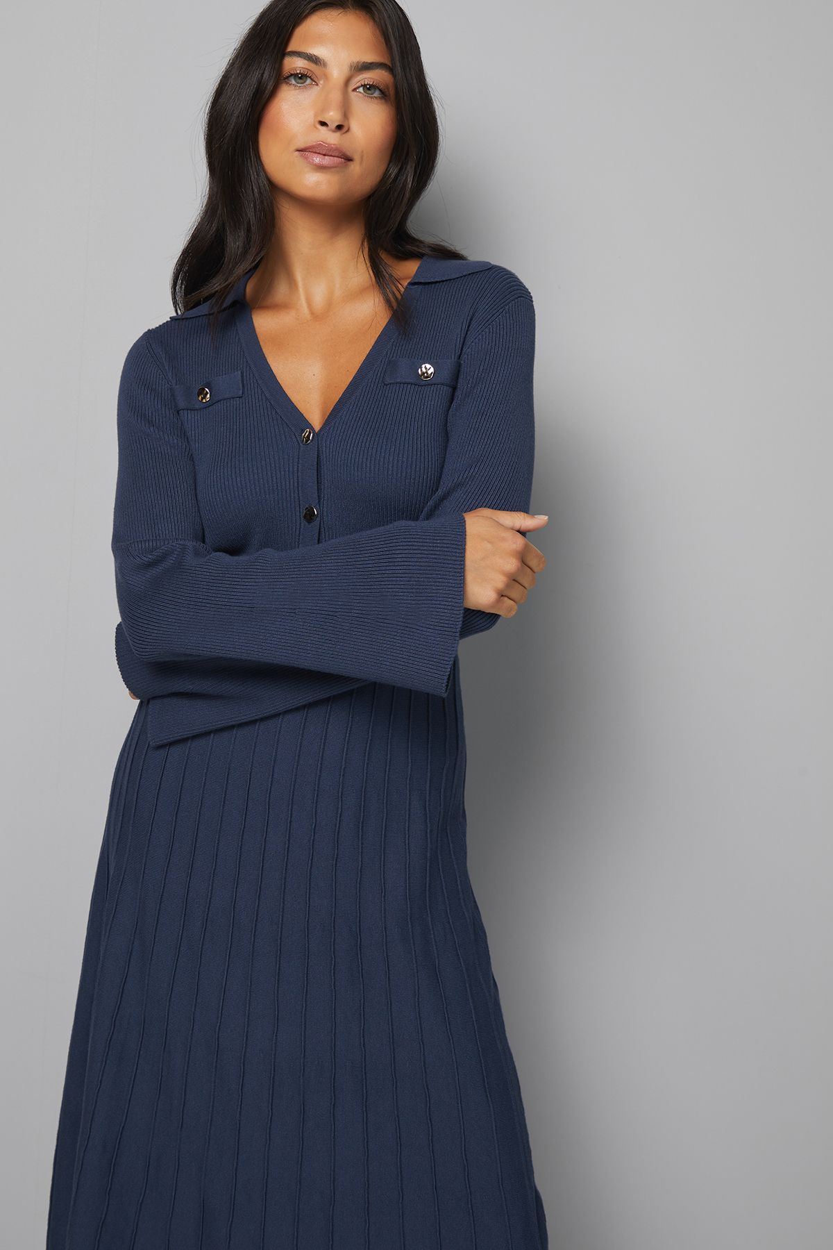 Statement Button Pleated Knitted Dress - Image 2