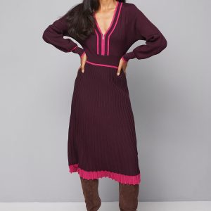 Zip Front Pleated Knitted Midi Dress