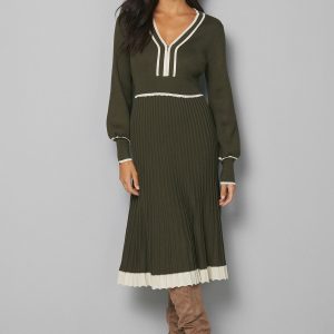 Zip Front Pleated Knitted Midi Dress