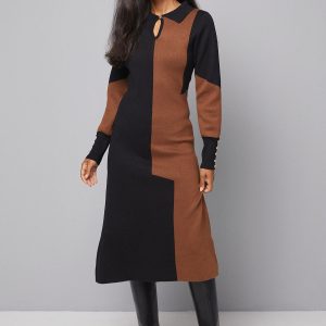 Colour Block Collared Knitted Dress