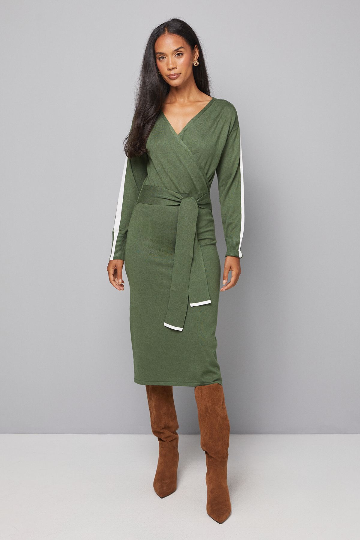 Wrap Tie Waist Knit Midi Dress