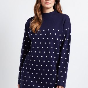 Polka Dot Knitted Funnel Neck Dress