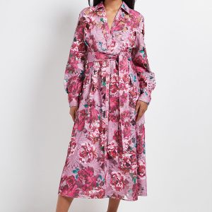 Petite Floral Lace Print Belted Midi Dress