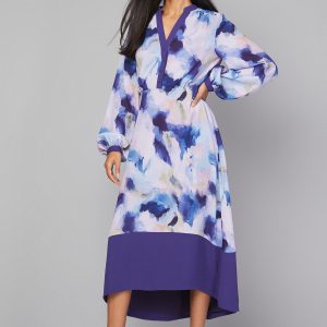 Abstract Belted Contrast Midi Dress
