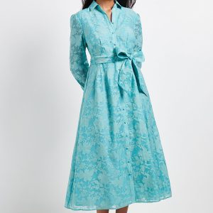 Petite Floral Organza Belted Midi Dress