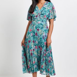 Petite Floral Chiffon Pleated Sleeve Midi Dress