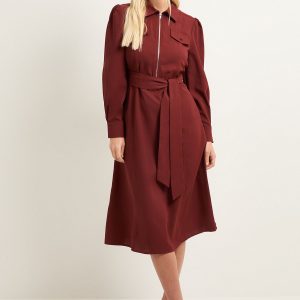 Petite Zip Front Crepe Shirt Midi Dress