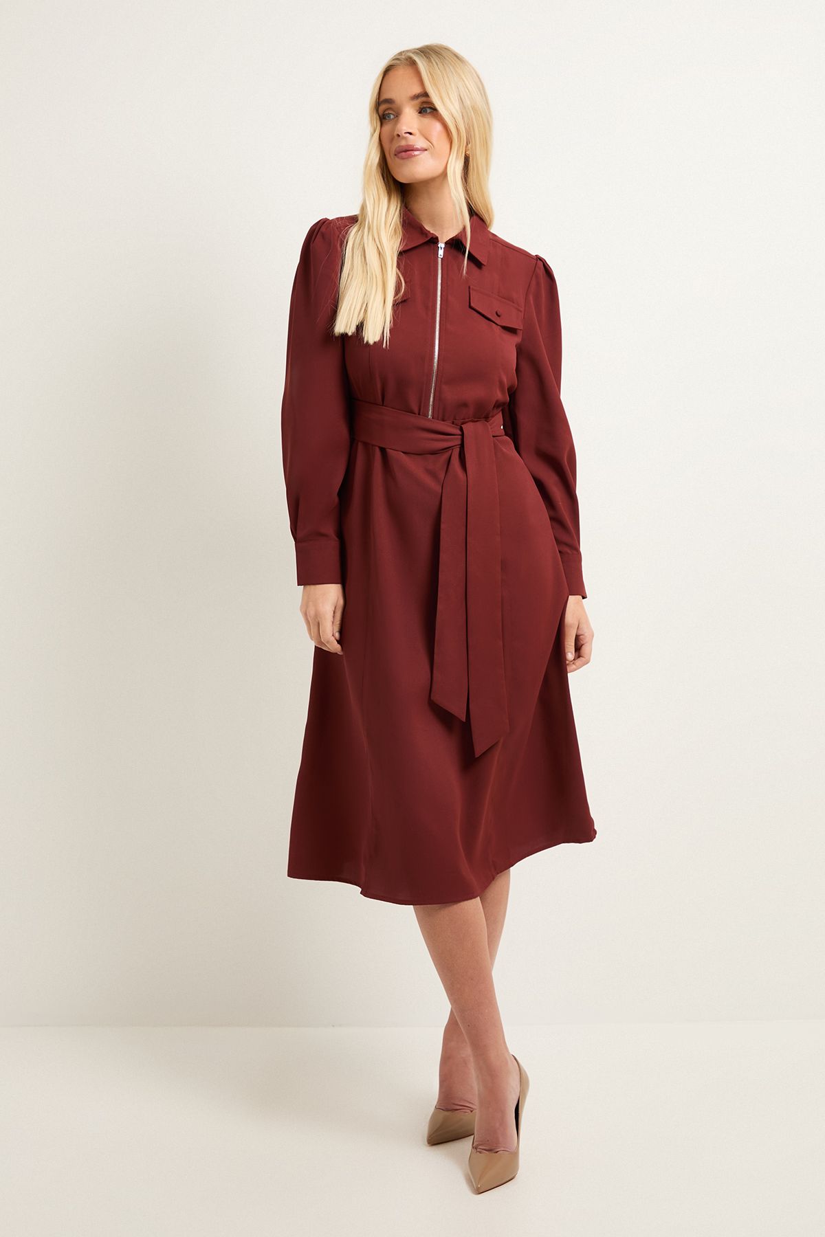Petite Zip Front Crepe Shirt Midi Dress