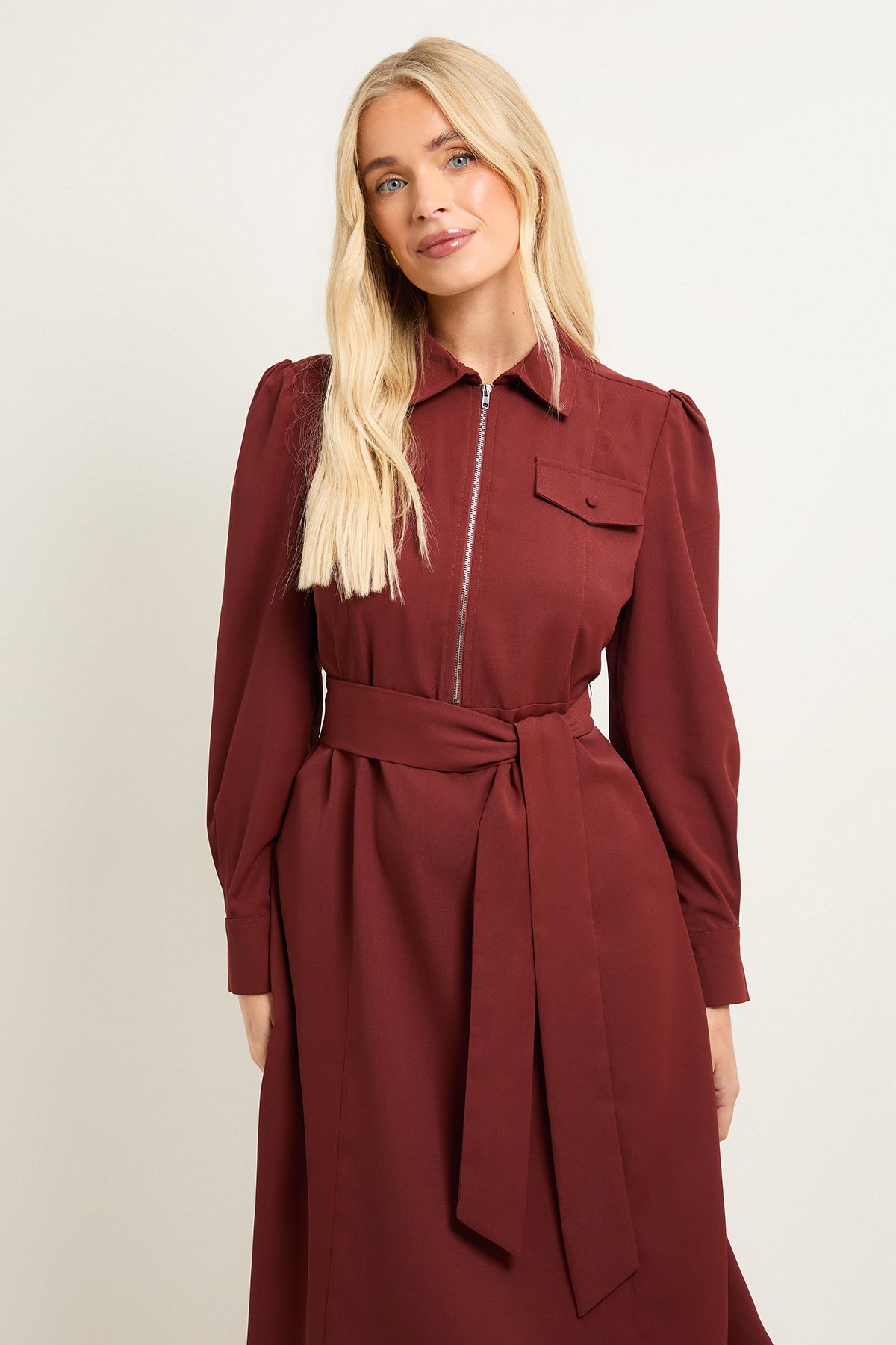 Petite Zip Front Crepe Shirt Midi Dress - Image 2