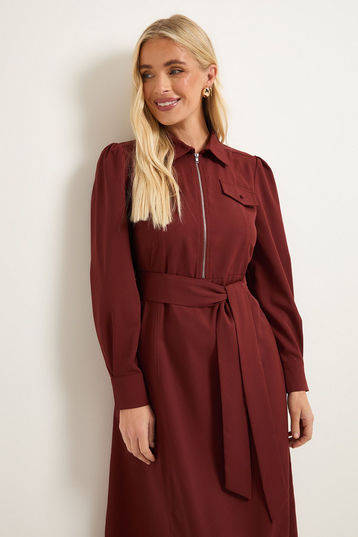 Petite Zip Front Crepe Shirt Midi Dress - Image 4