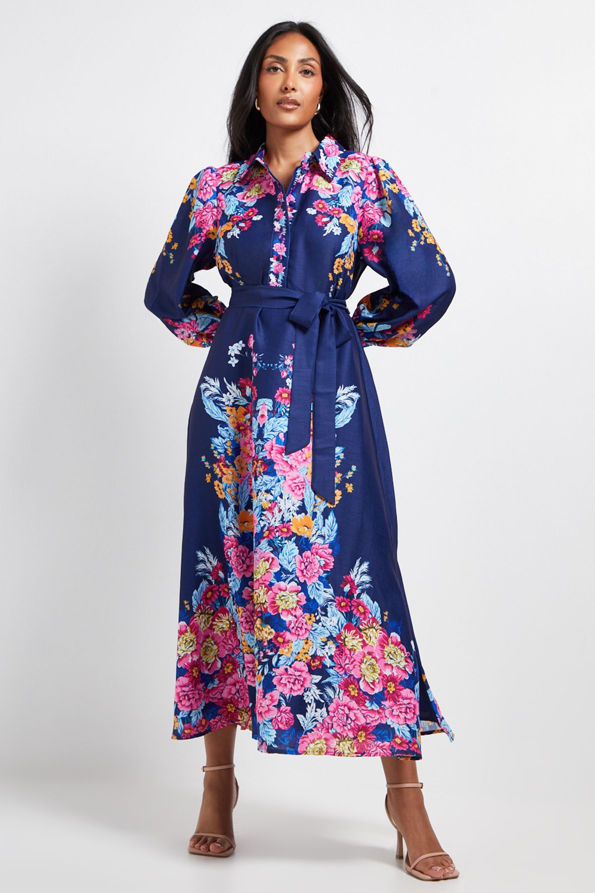 Petite Floral Western Belted Midi Shirt Dress