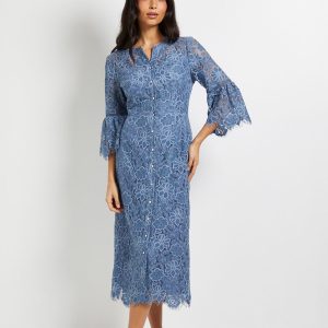 Lace Button Flute Sleeve Midi Dress