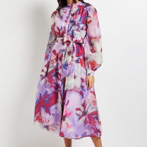 Floral Print Organza Midi Shirt Dress