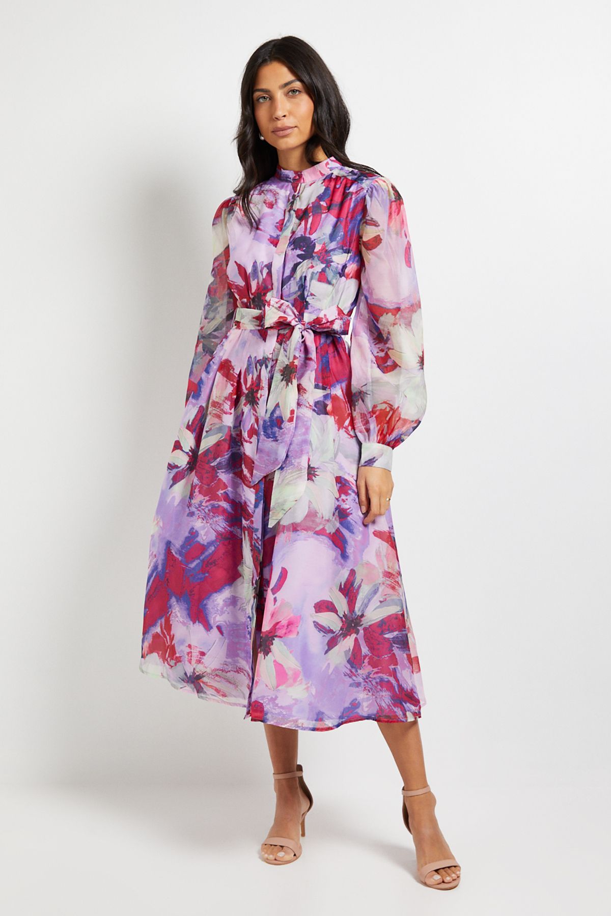 Floral Print Organza Midi Shirt Dress