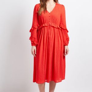 TEXTURED SPOT RUFFLE MIDI DRESS