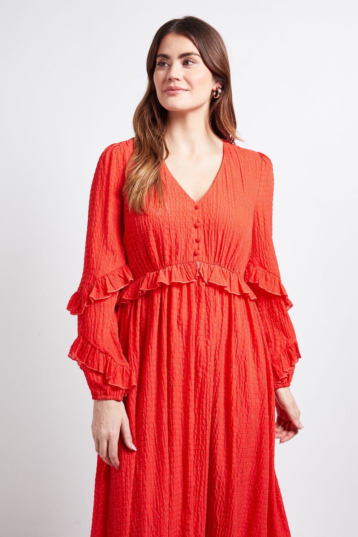 TEXTURED SPOT RUFFLE MIDI DRESS - Image 2