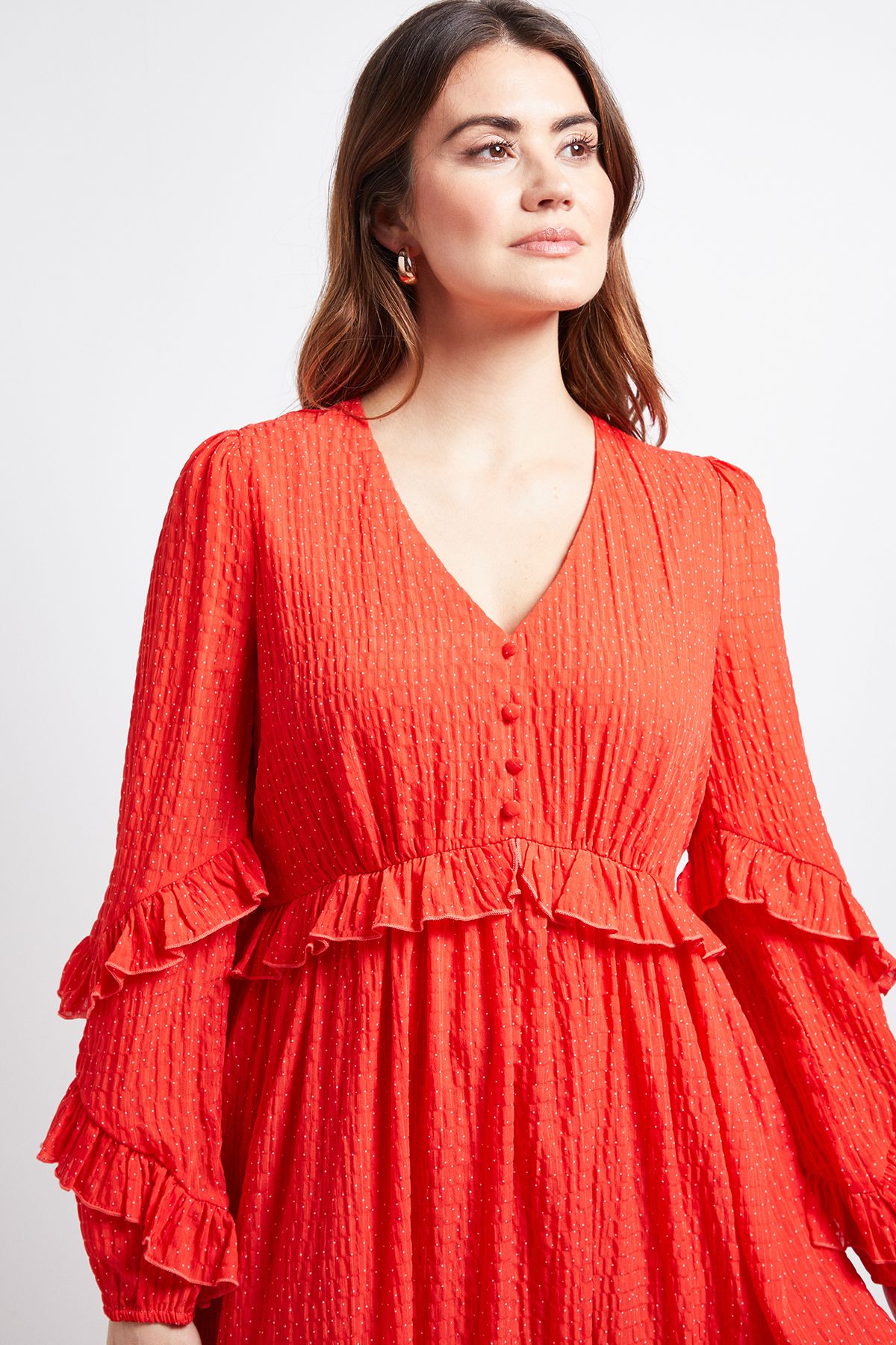 TEXTURED SPOT RUFFLE MIDI DRESS - Image 5
