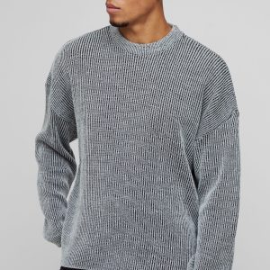Boxy Crew Neck Dropped Shoulder Plated Ribbed Knit Jumper