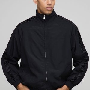 Regular Fit Satin Panel Ruched Sleeve Nylon Track Jacket