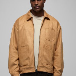 Oversized Croc Faux Suede Collared Carpenter Worker Jacket