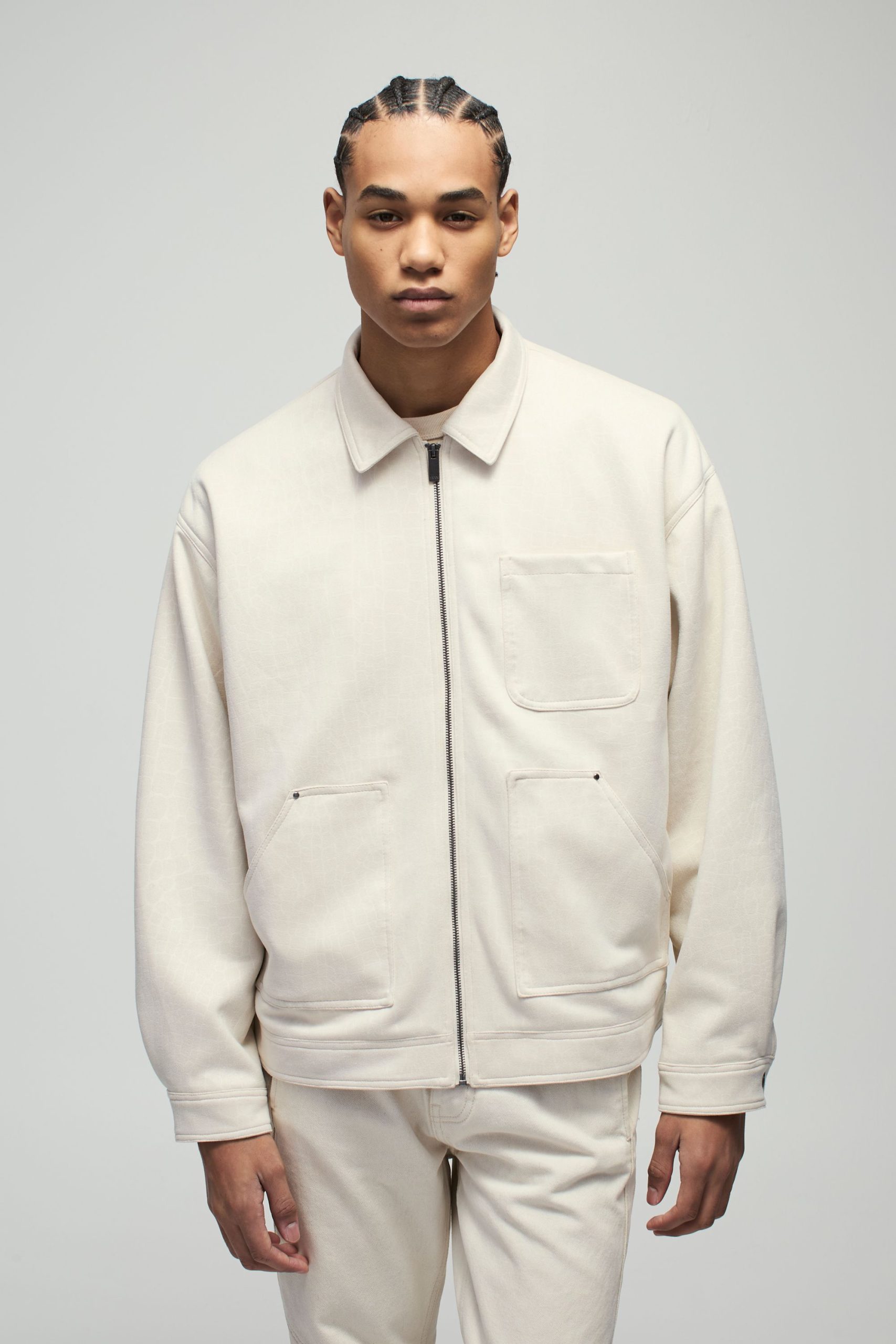 Oversized Croc Faux Suede Collared Carpenter Worker Jacket